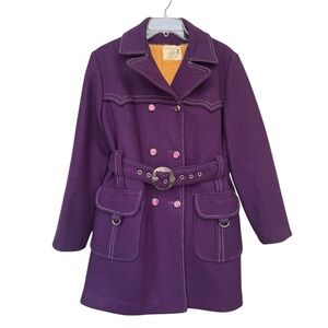 Vintage 1970s Belted Mod Pea Coat Size Small Purple Wool Blend Funky Retro